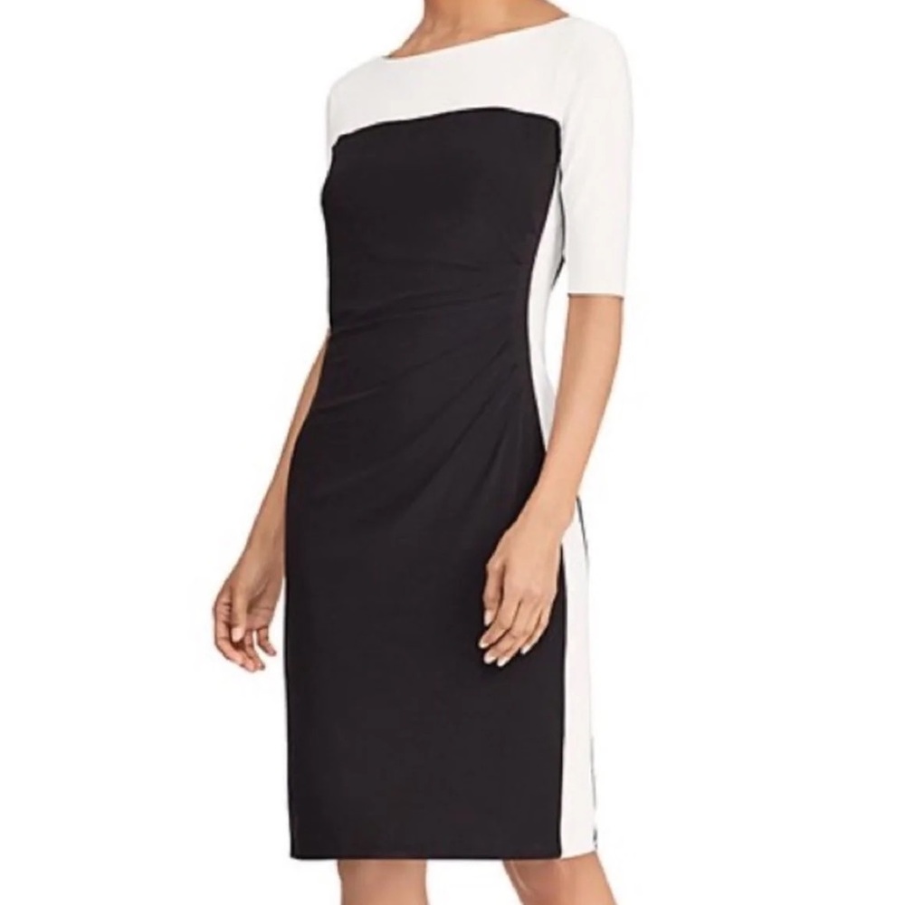 Chaps black and white ruched dress